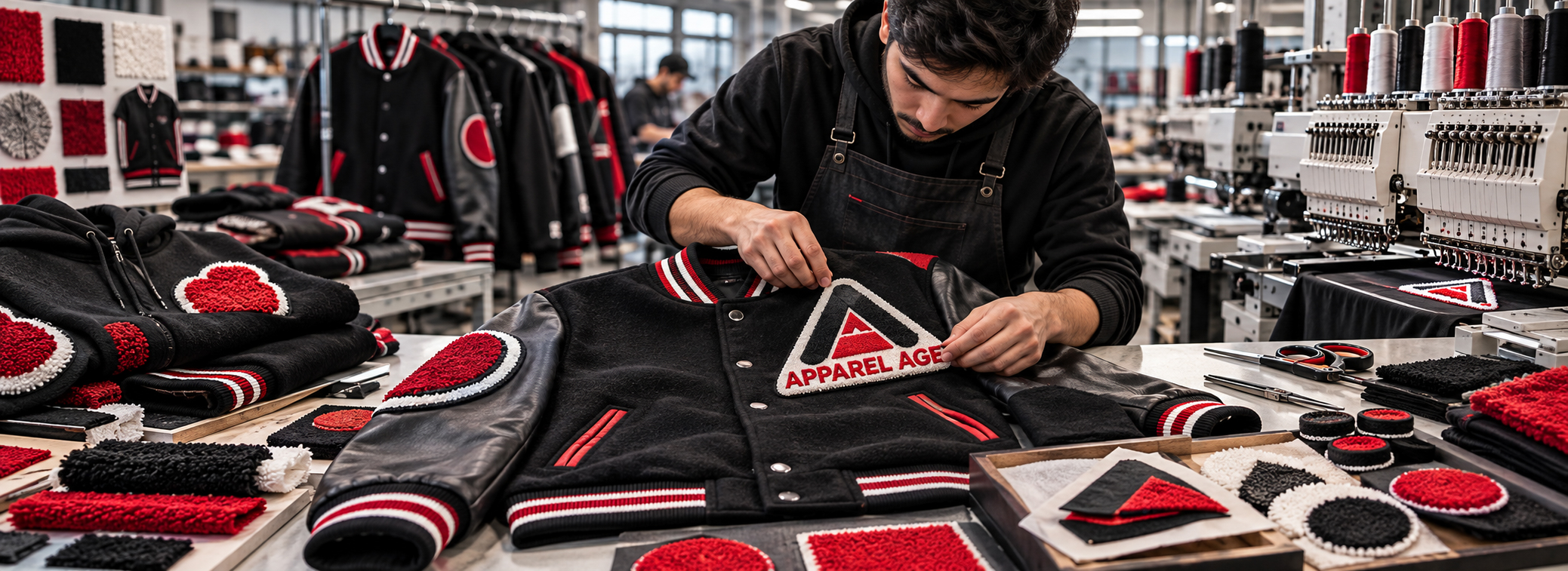Chenille and applique patches manufacturer for USA apparel buyers, varsity jacket patches, letterman jacket patches, hoodie patches, school patches, teamwear patches, streetwear patchwork, and custom apparel branding