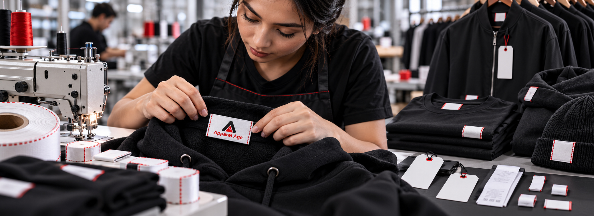 Custom labels and tags manufacturer for USA clothing brands, woven labels, neck labels, care labels, size tags, hang tags, and private label apparel buyers