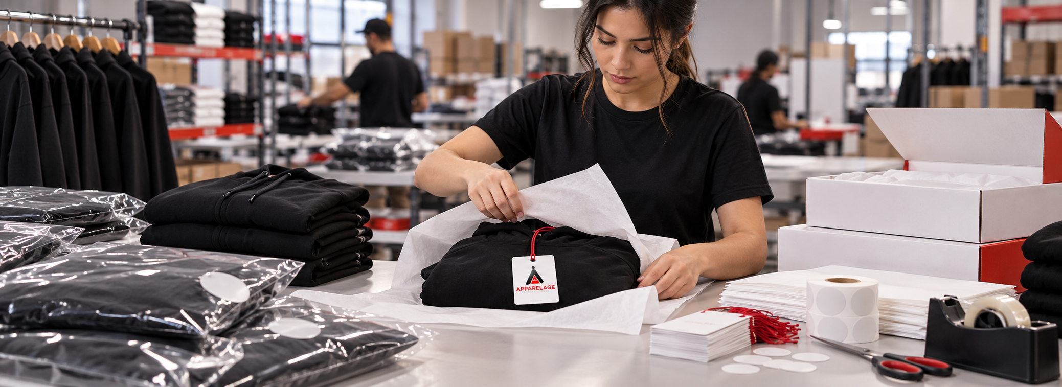 Custom packaging and retail finishing manufacturer for USA clothing brands, private label apparel packaging, hang tags, poly bags, barcode stickers, folding, labeling, and retail-ready clothing orders