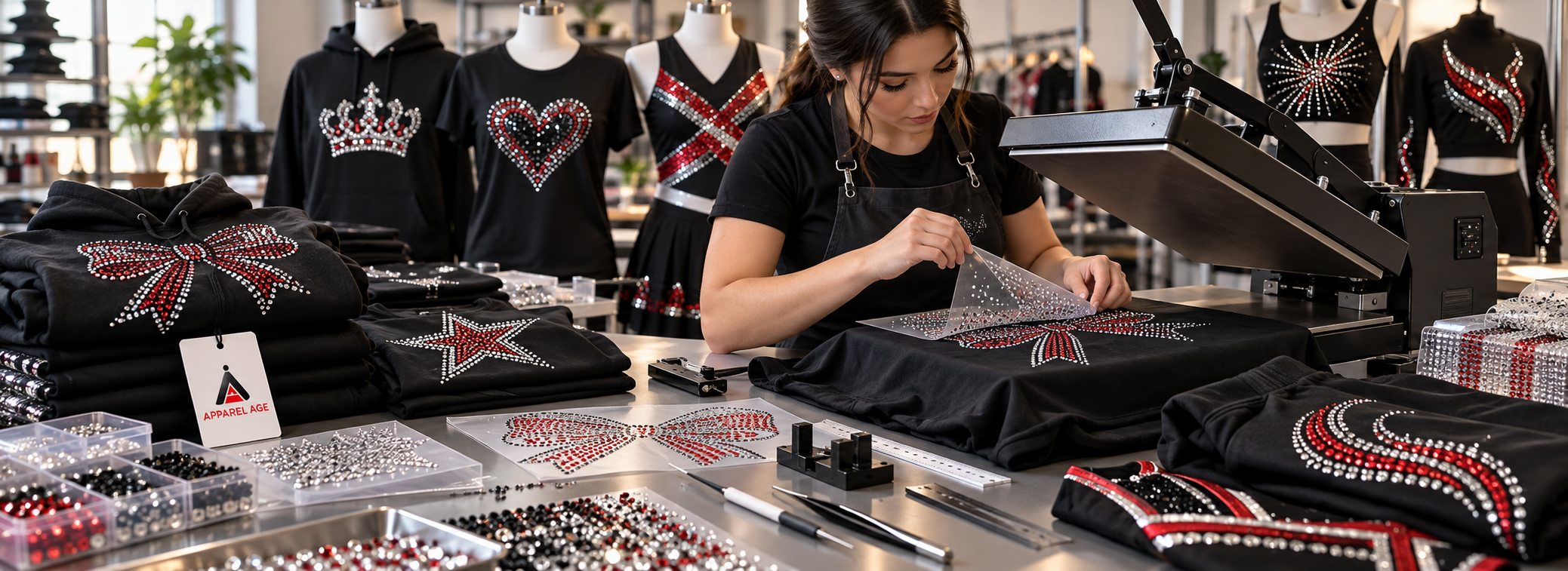 Custom rhinestones manufacturer for USA apparel buyers, rhinestone t-shirts, rhinestone hoodies, crystal logo apparel, heat set rhinestones, teamwear sparkle, streetwear rhinestones, dancewear, and private label clothing