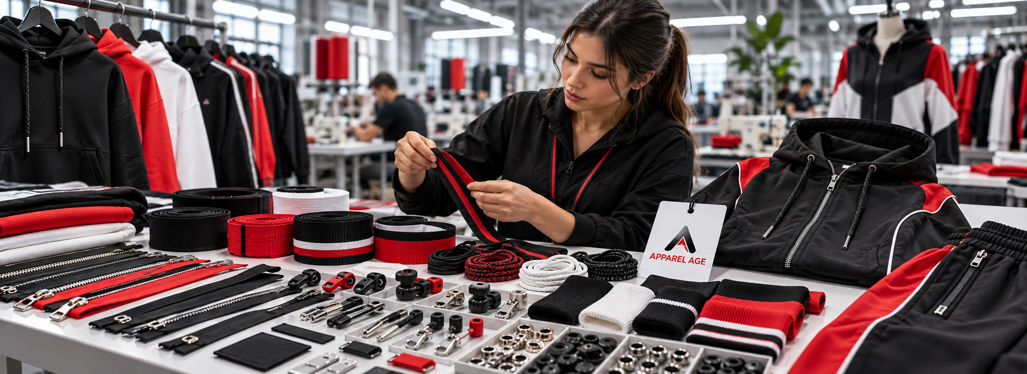 Custom trims and accessories manufacturer for USA apparel buyers, branded drawcords, custom zippers, buttons, eyelets, toggles, rib trims, garment hardware, labels, patches, and private label clothing