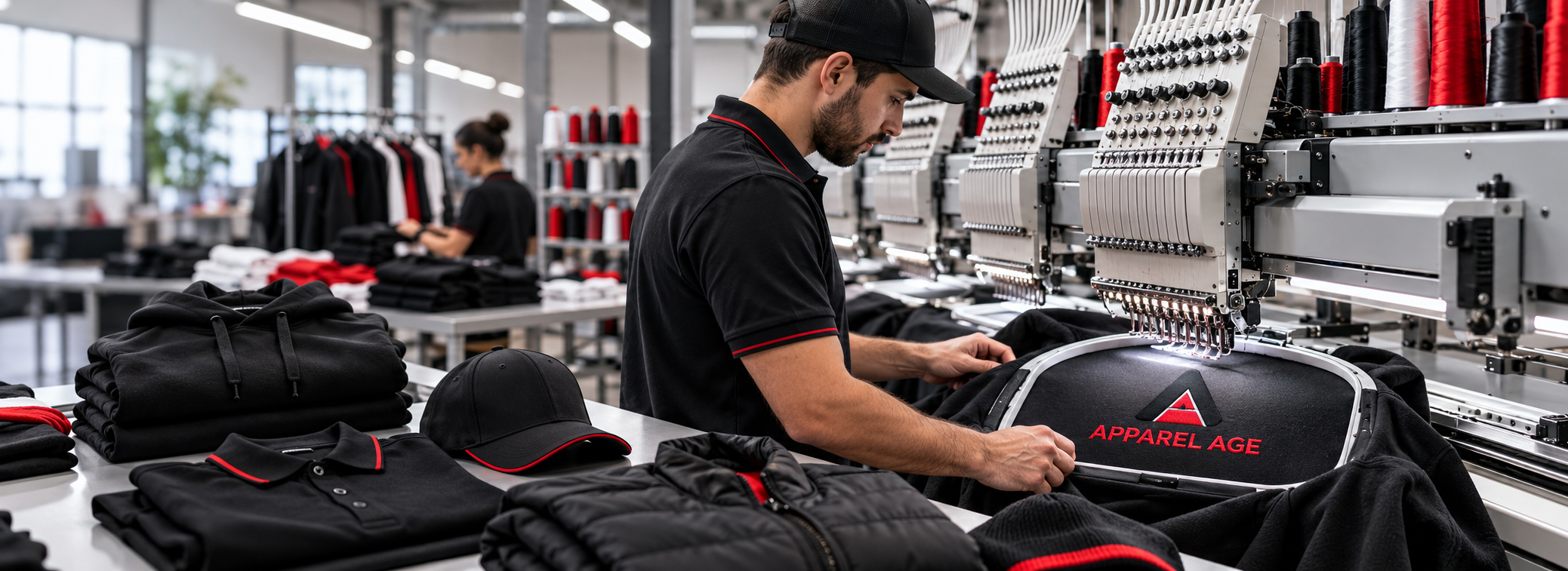 Custom embroidery apparel manufacturer for USA clothing brands, embroidered hoodies, t-shirts, polos, caps, jackets, and private label buyers