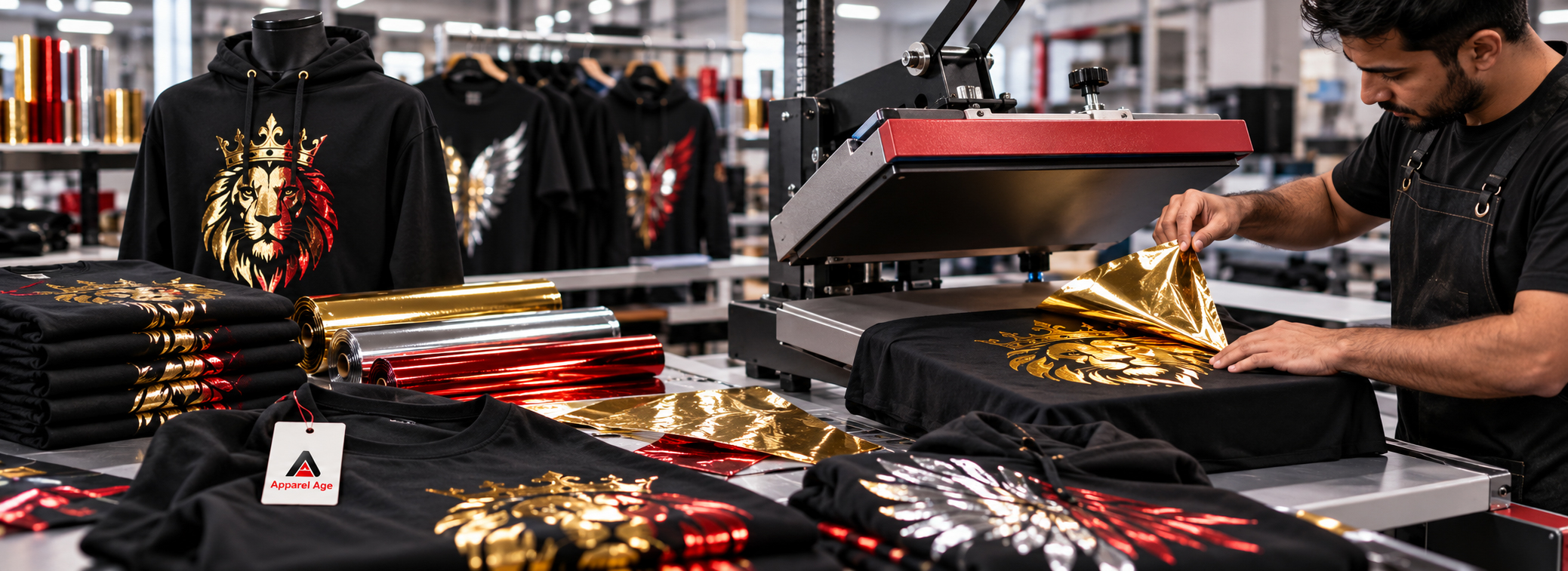 Foil printing manufacturer for USA apparel buyers, metallic foil t-shirts, foil print hoodies, gold foil logos, silver foil graphics, shiny streetwear prints, merch apparel, and private label clothing