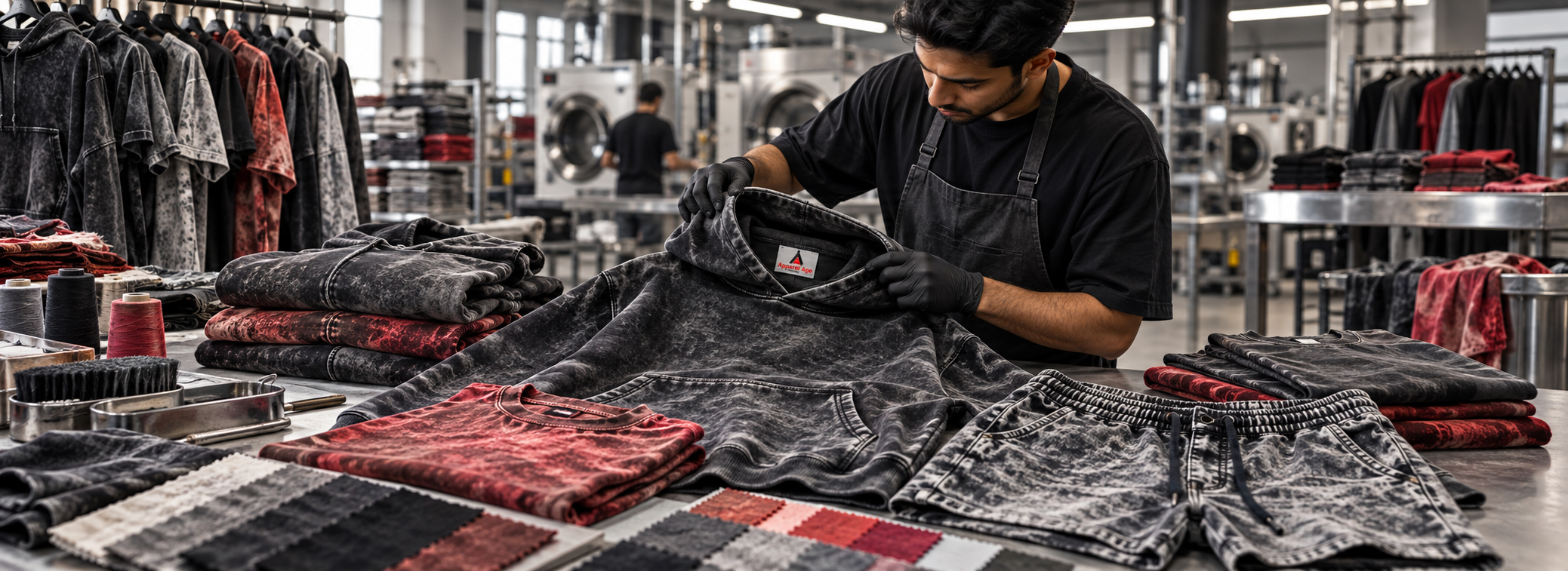 Garment dye acid wash and vintage wash apparel manufacturer for USA clothing brands, acid wash hoodies, vintage washed t-shirts, stone wash apparel, faded streetwear, washed shorts, and private label clothing buyers